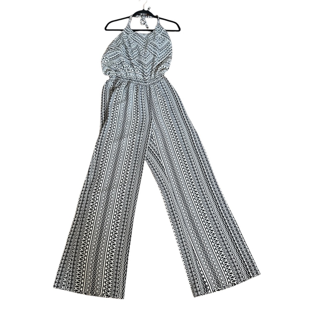 PRANA Bijou Black and White Print Halter 
Tie back wide leg Jumpsuit Large